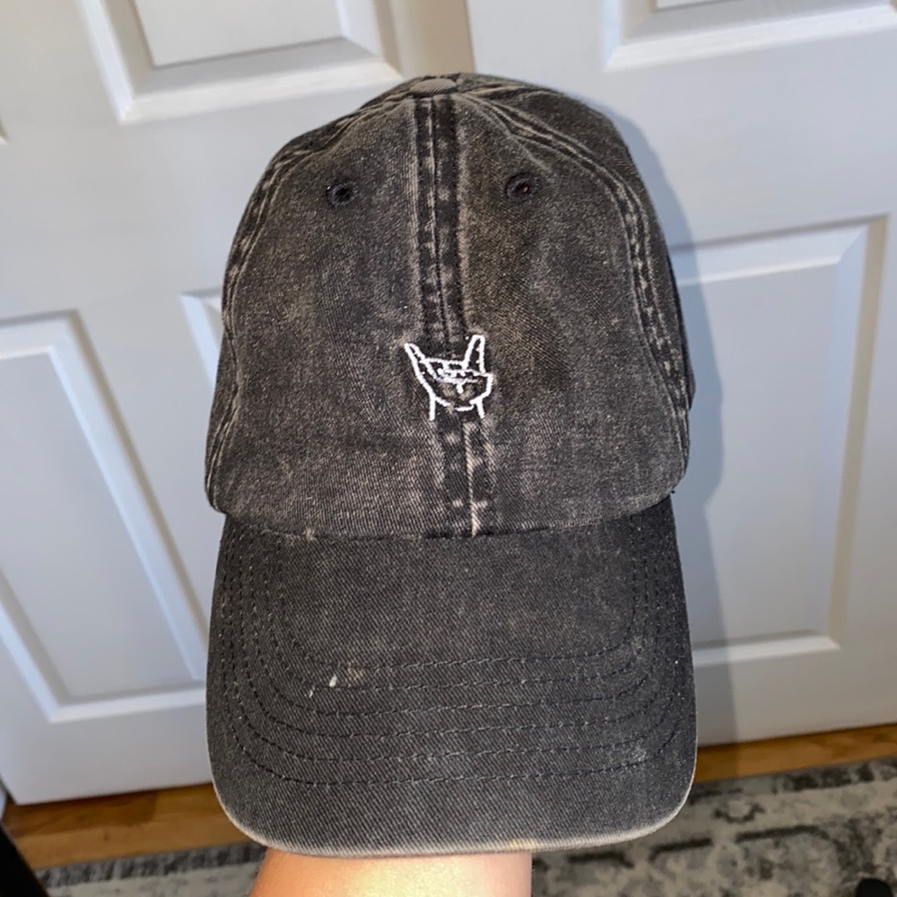 Charcoal grey denim style rock on hand gesture hat